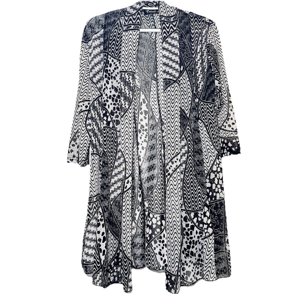 Creation by Creation Women M Black White Abstract Open Front Cardigan Jacket